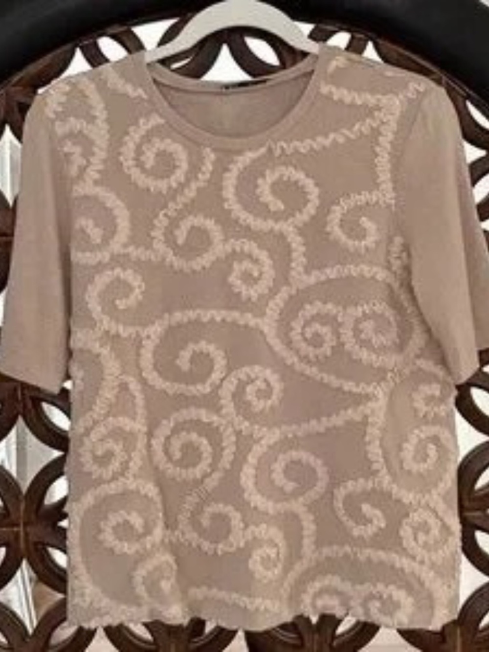 Zara Beige Knit Short Sleeve Top with Textured Swirl Ruffles